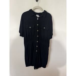 Princess Polly Womens Black Linen Romper Size 10 Button Up Cuffed Shorts